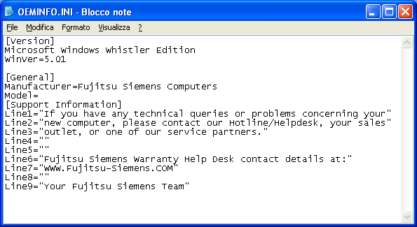 Per personalizzare il testo di questa finestra è sufficiente modificare il file OEMINFO.