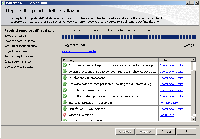 A tal punto appare il programma Aggiornamento a SQL Server 2008 che provvede dapprima a verificare le Regole di supporto dell installazione; qualora tutti i requisiti siano soddisfatti l