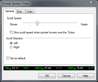Fare clic con il pulsante destro del mouse su un ticker delle quotazioni o su qualsiasi altro tipo di ticker e fare clic su Format Ticker dal menu di scelta rapida.