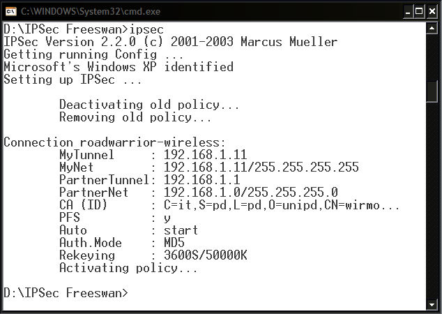 5.3 Implementazione VPN L avvio del tunnel IPsec su Linux è attuabile con il semplice comando ipsec start, che provvede come detto precedentemente ad attivare il demone PLUTO ed a caricare l