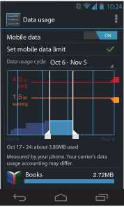 2. Toccare Wireless e Reti > Dati di utilizzo. Di default, si visualizzeranno le impostazioni per cellulare: cioè, i dati di rete o le reti fornite dal proprio operatore.