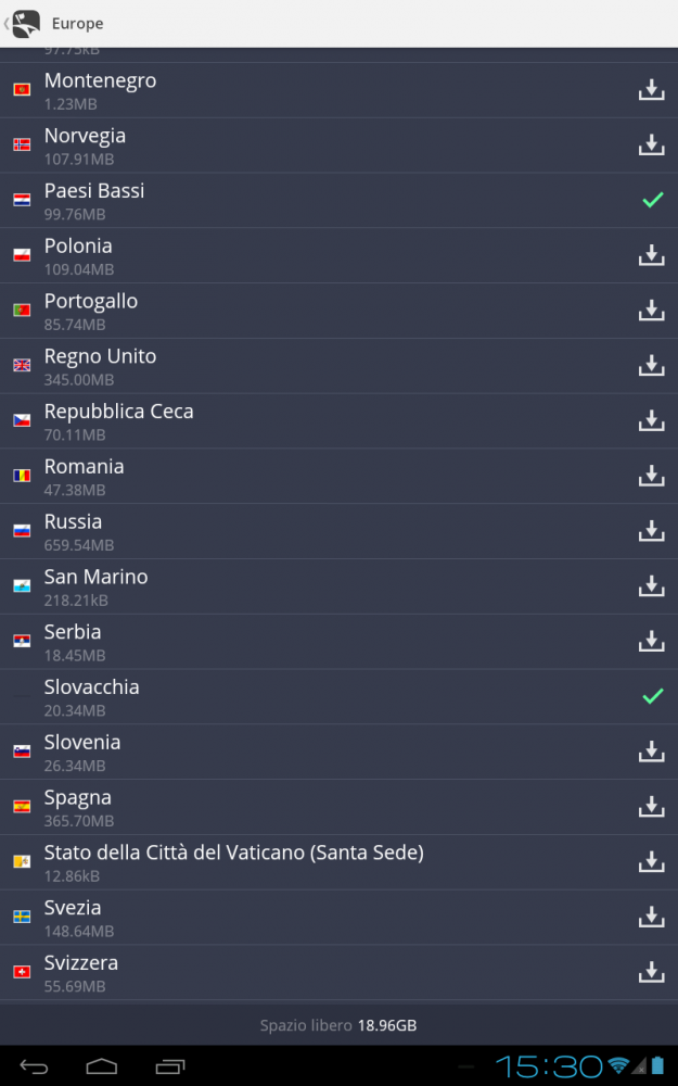 Download della mappa In qualsiasi momento puoi scaricare/aggiornare/rimuovere i pacchetti di mappe acquistati nel menu Gestione mappe.