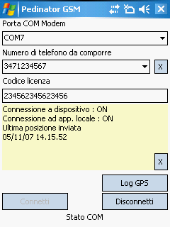 >> Una volta individuata, si dovrà selezionarla, nella schermata principale del programma : Successivamente, inserire il numero telefonico della SIM Card inserita nel PEDINATOR, ed il codice di