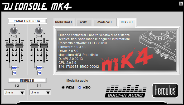 5.3.5. Scheda Info su ENGLISH - Questa scheda riporta tutte le informazioni relative alle versioni del pacchetto software, del firmware, dei driver, della mappatura MIDI, delle DJ API e del pannello