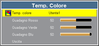 IMMAGINE Temp. colore Temp. Colore Regola la temperatura del colore. Opzioni disponibili: Utente, basso, medio e alto.