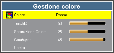 IMMAGINE Gestione colore Colore Selezionare il colore da personalizzare. Opzioni disponibili: Rosso/Verde/Blu/Ciano/Magenta/Giallo. Tonalità Regola il bilanciamento dei colori rosso e verde.