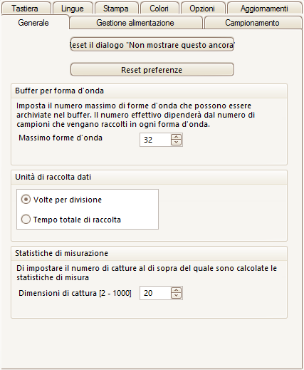 106 6.5.8.1 Menu Pagina generale Posizione: Strumenti > Preferenze > Generale Scopo: contiene i controlli generali per PicoScope Ripristina le finestre di dialogo "Non mostrare più".