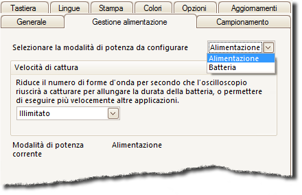 108 6.5.8.2 Menu Pagina Gestione alimentazione Posizione: Strumenti > Preferenze > Gestione alimentazione Scopo: controlla le caratteristiche dell'oscilloscopio che ne influenzano il consumo