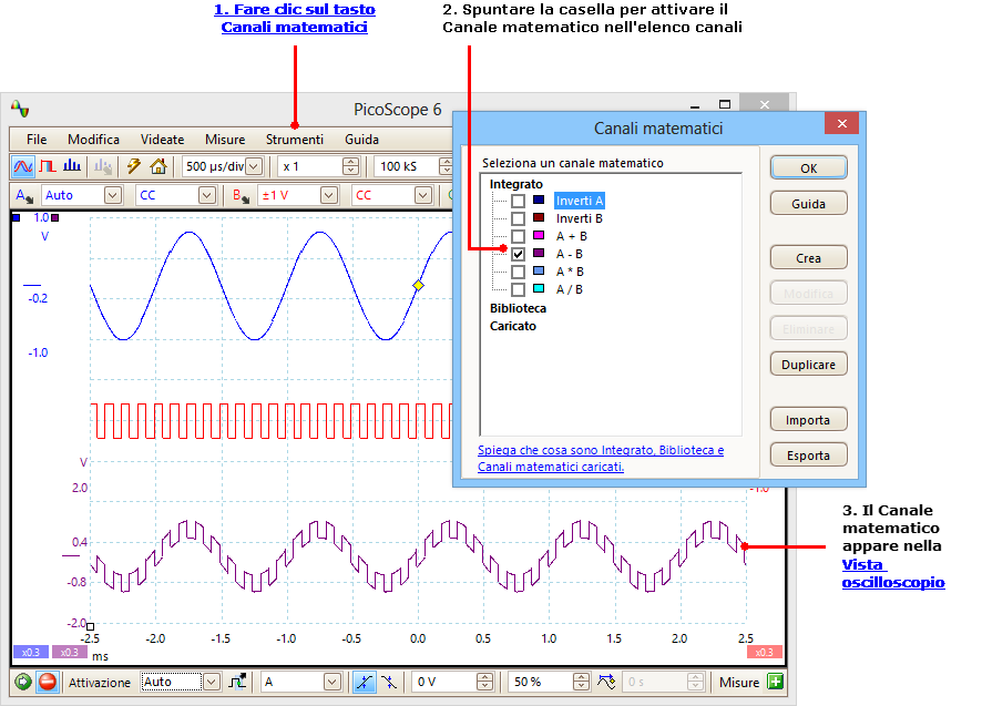 Guida all'uso dell'oscilloscopio PicoScope 6 5.23 35 Canali matematici Un canale matematico è una funzione matematica di uno o più segnali di ingresso.