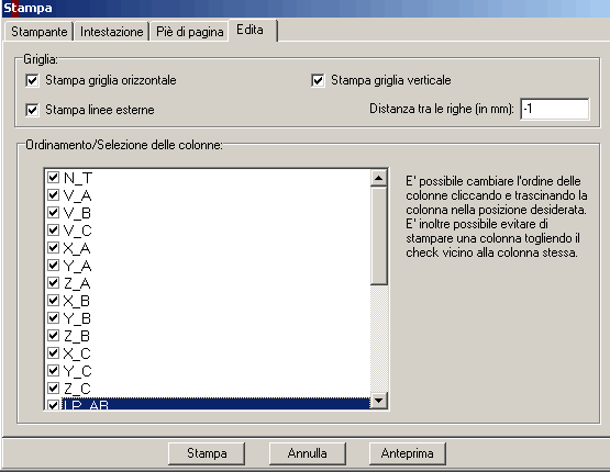 9.11 - STAMPA DATI COMPLETA TRIANGOLI Utilizzare questo comando per ottenere su supporto cartaceo l intero archivio dei TRIANGOLI che costituiscono il modello; selezionando il comando compare la