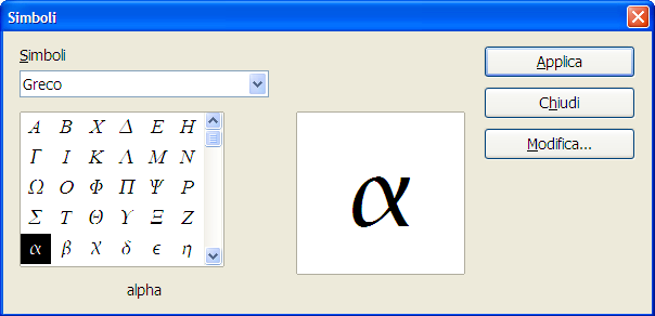 Inserimento di una formula Caratteri greci I caratteri greci (,,,, ecc...) sono di uso comune nelle formule matematiche.