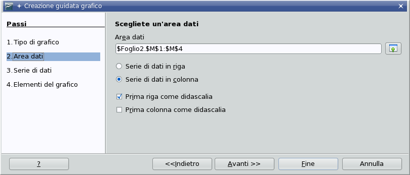 Scelta dell area contenente i dati Nel secondo passo si sceglie l area contente i dati Se non è stata