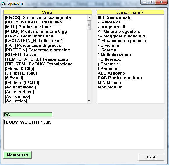 GESTIONE COEFFICIENTI per le vacche da latte La tabella Gestione Coefficienti è la tabella dove si gestiscono e si inseriscono i coefficienti per effettuare i calcoli dei nutrienti per costruire i