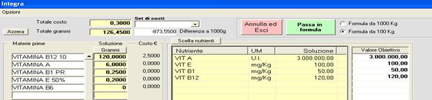 Nell anagrafica dei nutrienti assegnare la categoria INTEGRA ai nutrienti interessati, cioè quelli ai quali è stata assegnata la categoria Integrazione (che sono Vitamine, Oligoelementi).