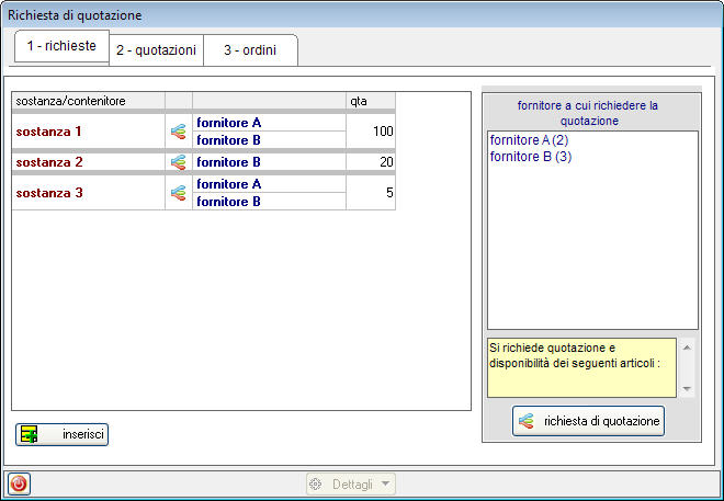 24 IMMAGINE 20: INVIO RICHIESTA DI QUOTAZIONE Al momento di effettuare la richiesta di quotazione si procederà scegliendo un fornitore: tutte le sostanze ed i contenitori presenti nelle richieste ed