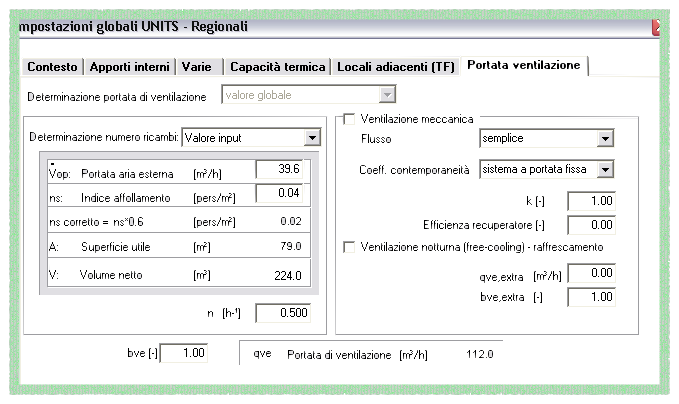 44 Stima 10 - UNITS 11300 - BASE Determinazione portata aria rinnovo: (ATTIVA SOLO L'OPZIONE VALORE GLOBALE Determinazione del numero di ricambi: valore input Vop, ns sono ricavati automaticamente in