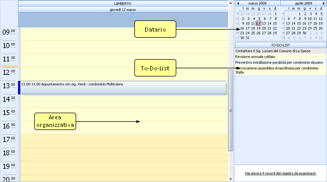 124 7 Euclide Impresa Edile Agenda La pagina Agenda è divisa in tre principali sezioni: - l'area organizzativa viene usata per organizzare e visualizzare i vari appuntamenti dell'utente secondo