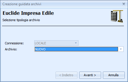 Installazione, introduzione e primi passi 3.2.2 21 Creazione guidata archivi Al primo avvio di Euclide Impresa Edile viene avviata in automatico la procedura di creazione guidata archivi.