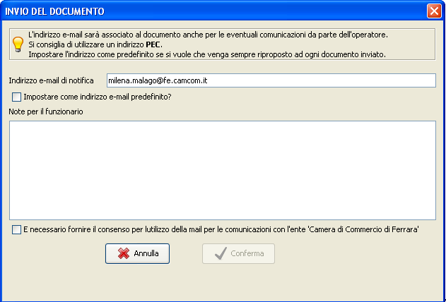 Invio Premendo invia, verrà richiesto di specificare l indirizzo PEC del mittente (per le notifiche) e di scrivere eventuali note per il