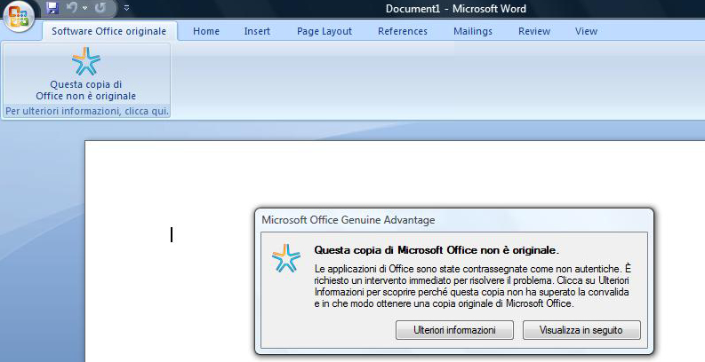 Notifiche di Office 6 Dal trentesimo giorno in poi (utenti di Office 2007): Viene inserita una scheda nella barra multifunzione di Office 2007.