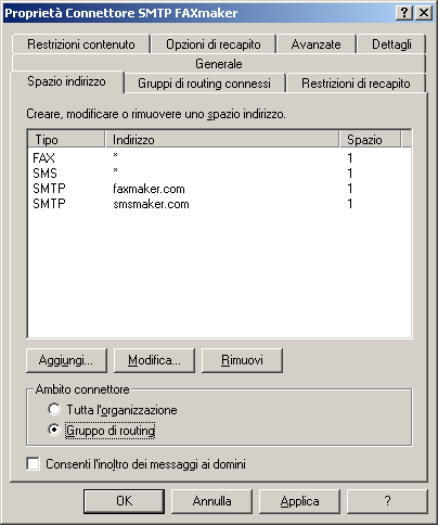 9. Nella finestra di dialogo Proprietà spazio indirizzo Internet, digitare *faxmaker.com nella casella di testo Dominio di posta elettronica. Fare clic su OK. 10.