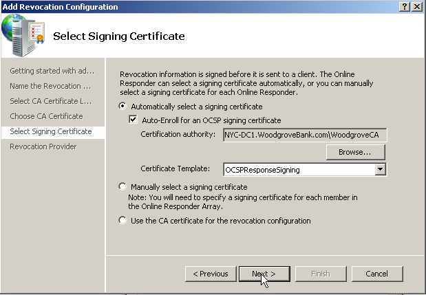 Figura 9: Enroll automatico del certificato indicato Il Revocation Provider (cioè il componente dell Online Responder che si occupa di processare le