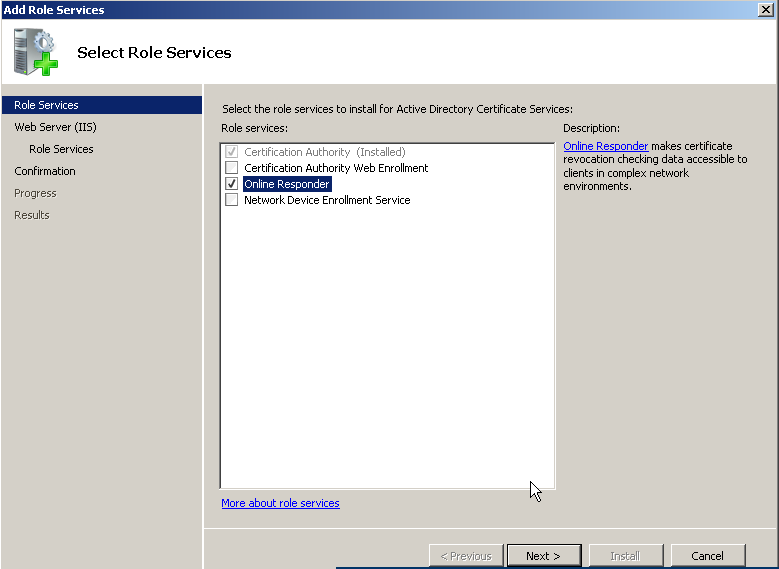 Aggiungiamo quindi il Role Service richiesto e tutti gli altri servizi necessari all installazione dell Online Responder utilizzando il Server Manager di Windows Server 2008, come mostrato nella