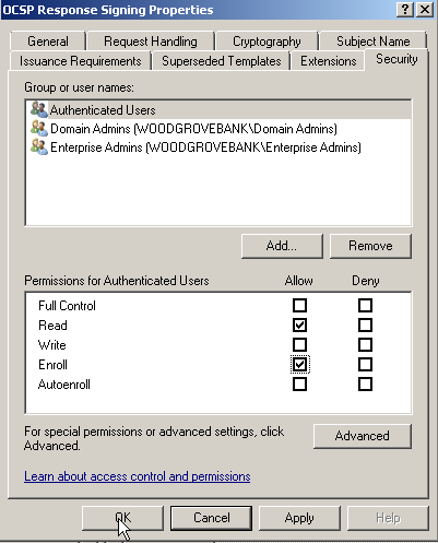 Figura 4: Propeirtà del Template del OCSP Response Signing Abilitiamo il nuovo certificato creato facendo l Issue del template.