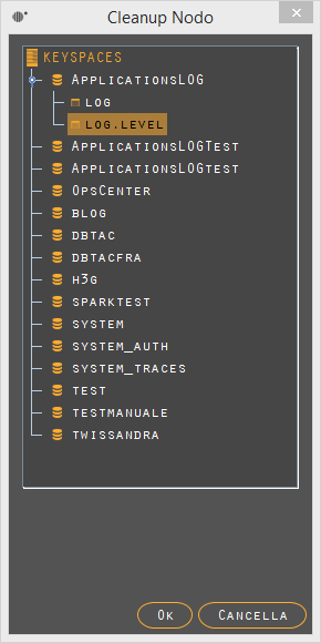 Inltre su gni ndi sarà pssibile effettuare le seguenti azini utilizzand i pulsanti che si trvan nella tlbar in alt: CLEANUP Clean di una più tabelle di un keyspace: si aprirà una schermata cn la