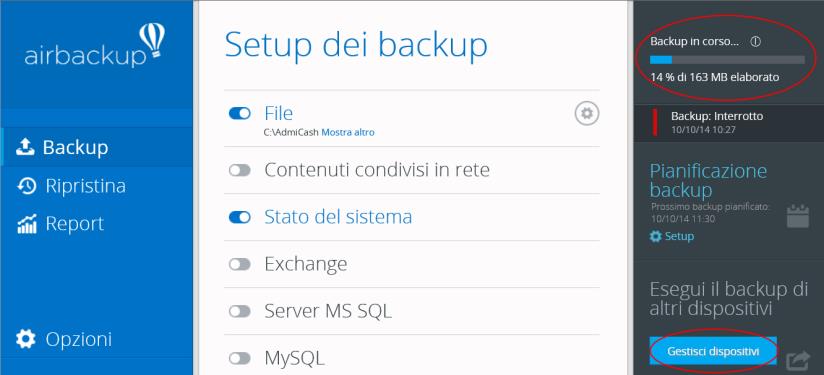 Nella finestra successiva viene illustrata una breve spiegazione per il Gestore airbackup che consente di gestire i backup per diversi dispositivi.