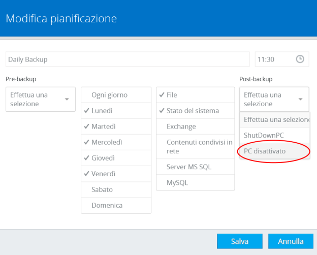 Script: Opzione che consente di impostare i comandi che vengono eseguiti automaticamente prima e dopo il backup come p.es. lo spegnimento automatico del computer alla fine del backup.