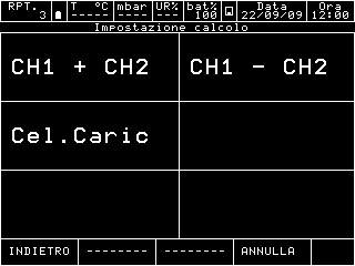 Figura 59 Assegnazione canale 4 Selezionando il menu CALC si hanno le seguenti possibilità: Figura 60 Tipi di calcolo CH1 + CH2 l canale 4 visualizza la somma dei valori del Canale 1 con il Canale 2