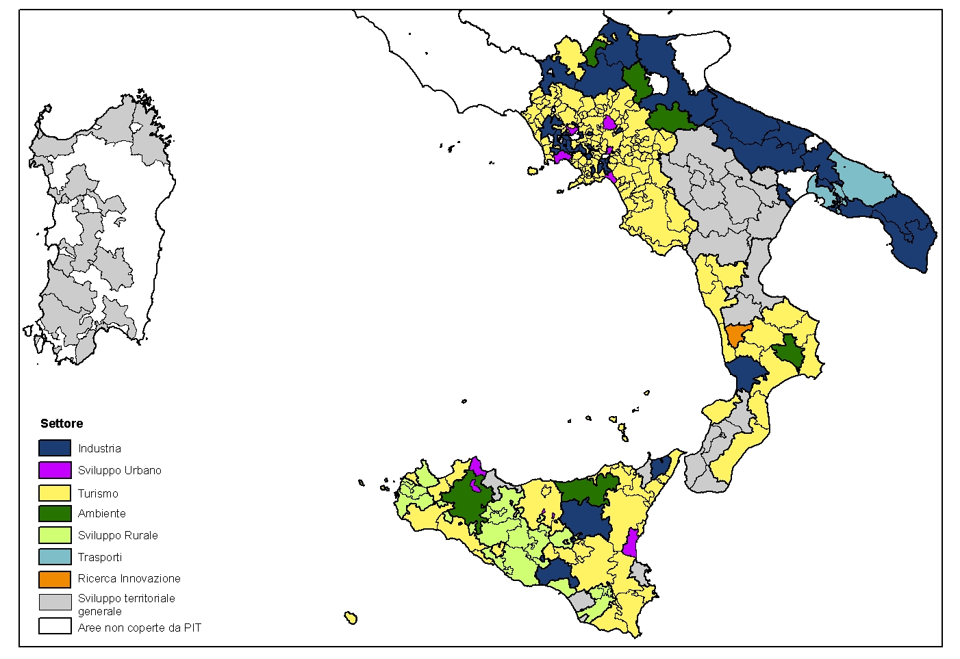 Distribuzione tematica delle idee forza e localizzazione dei PIT Fonte: Elaborazioni su dati del Sistema di Monitoraggio Geo-referenziato dei PIT DPS/Retenuvv Nelle successive tabelle vengono