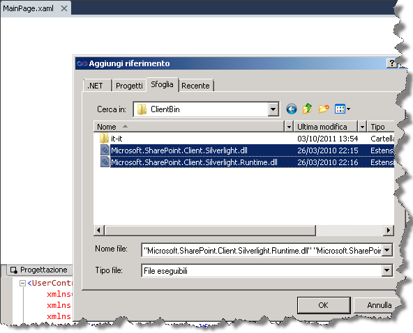 14. Fare clic su OK per creare il progetto. 15. Nel progetto SPSilverlightExample sarà ora necessario aggiungere gli assembly di riferimento al modello a oggetti client Silverlight di SharePoint.