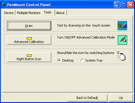 9.5 Tools Questo form accede alle seguenti opzioni: Draw : aprire una pagina di test su cui disegnare per verificare il funzionamento del touch Advanced Calibration : Abilitare la modalità di