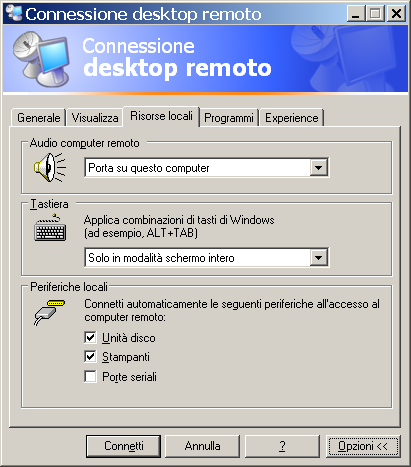 In risorse locali metti un segno di spunta su unità disco e stampanti, così potrai usare il tuo disco rigido e