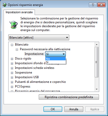 Installazione 26 nel menù Bilanciato > Password necessaria alla riattivazione > Impostazioni