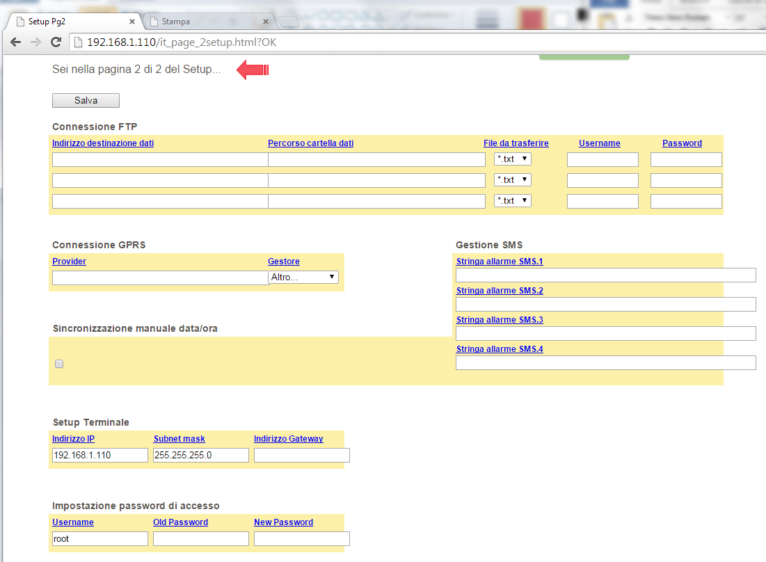 La pagina è suddivisa in 4 sezioni colorate di giallo: Nella prima sezione è possibile impostare i parametri della connessione FTP.