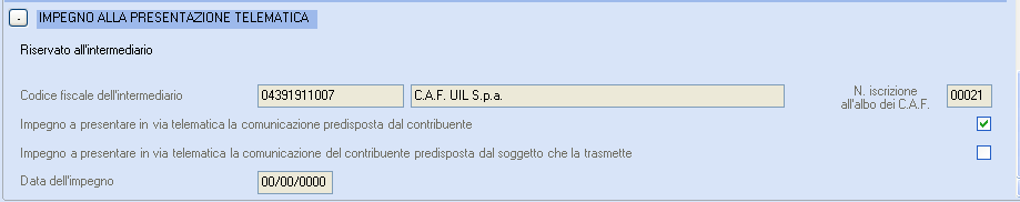 DI Dati Intermediario Vengono richieste le informazioni necessarie per una corretta compilazione della parte relativa alla ricevuta di presentazione agli intermediari per la trasmissione telematica.