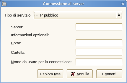 Aggiunta di una posizione di rete: 1 Fare clic su Computer > Nautilus File Browser (Browser file Nautilus) > File > Connect to Server (Connessione al server).