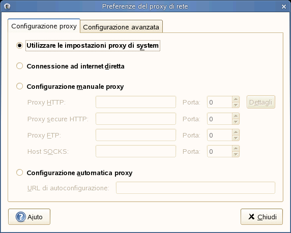 2.4.4 Configurazione dei proxy di rete Lo strumento Network Proxy Configuration (Configurazione proxy di rete) consente di configurare le connessioni del sistema a Internet.