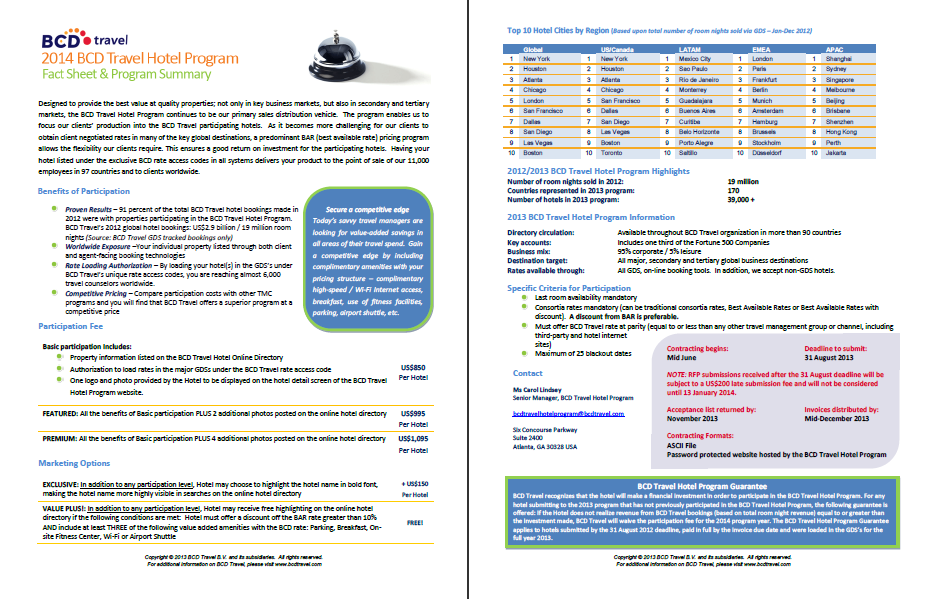 Esempio di contratto e condizioni RFP (Request for Proposal) Informazioni sulle top destinations del programma Breve descrizione dell RFP