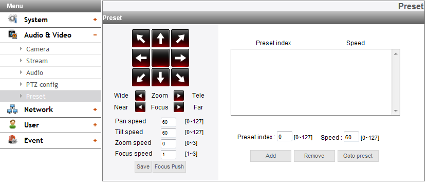 PTZ config (Opzionale) Preset (Opzionale) PTZ protocol list > > PTZ protocol: Visualizza il protocollo PTZ selezionato. PTZ configuration Port > > Camera ID: Inserire l ID del dispositivo PTZ.