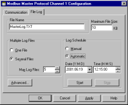 Capitolo 3 Installazione di un sistema di misura del livello Configurazione Log File Per salvare sul disco le registrazioni delle comunicazioni: 1. Selezionare la tabella Log File. 2.