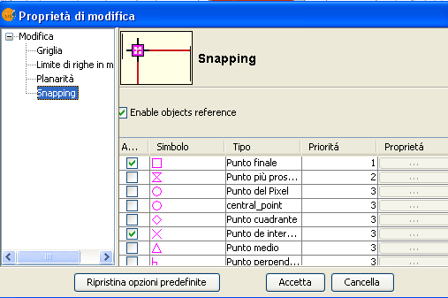 modificabile. Dalla finestra del comando Proprietà di modifica è possibile selezionare sia le modalità di snapping che i layer sui quali applicarle.