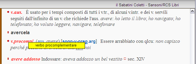 Ricerca istantanea dal testo della voce Nella finestra di destra che presenta la voce trovata, soffermandosi con il cursore su una parola, si ottiene una ricerca istantanea delle occorrenze di quella