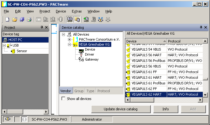 5 Calibrazione 1. Selezionate innanzitutto dal catalogo apparecchi il DTM "VEGA- CONNECT 4" dalla categoria "Driver" e trasferitelo nella finestra di progetto ad esempio tramite doppio clic. 2.
