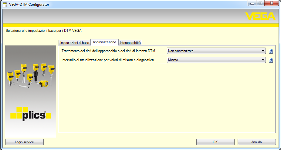 5 Calibrazione Figura 10: Configurator DTM: configurazione della sincronizzazione dei dati È contenuto nel gruppo di programmi Windows VEGA VEGA-DTM Tools.