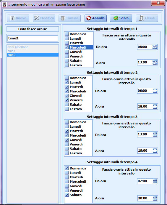 2.5.5 Menu Fasce Orarie 2.5.5.1 Fasce Orarie In questa finestra è possibile creare, modificare o eliminare una nuova fascia oraria. Per ogni fascia oraria sono possibili 4 diversi intervalli di tempo.