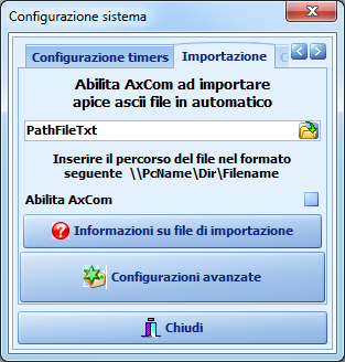 2.5.7.6.4 Importazione In questa finestra è possibile abilitare AxCom a importare un file di testo con una lista di utenti.